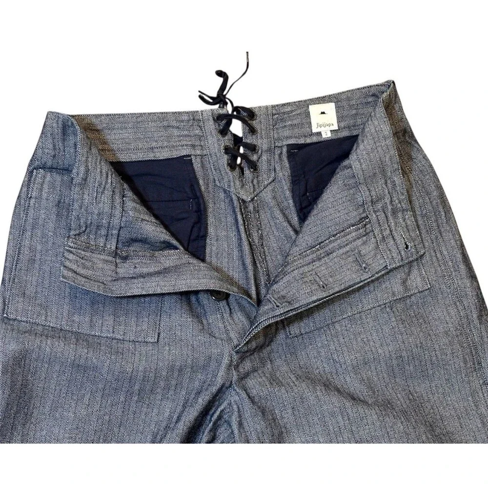 Jipijapa Japan Pants Size 2 Blue Herringbone Button High Rise Lace Up Back - Picture 6 of 8